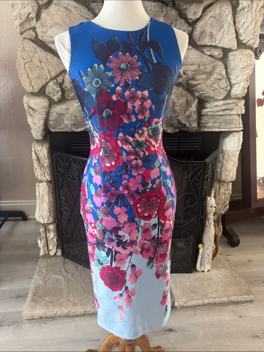 Adrianna Papell Blue Floral Midi Sheath Dress with Pink Accents